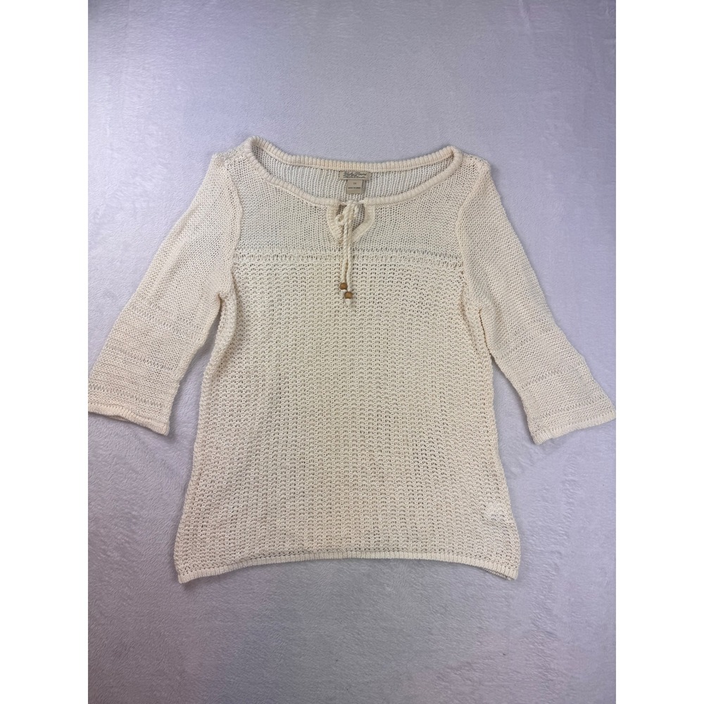 Lucky Brand Cream Open Knit Tie Front Sweater 1X Ivory Boho 3/4 Sleeve Cotton